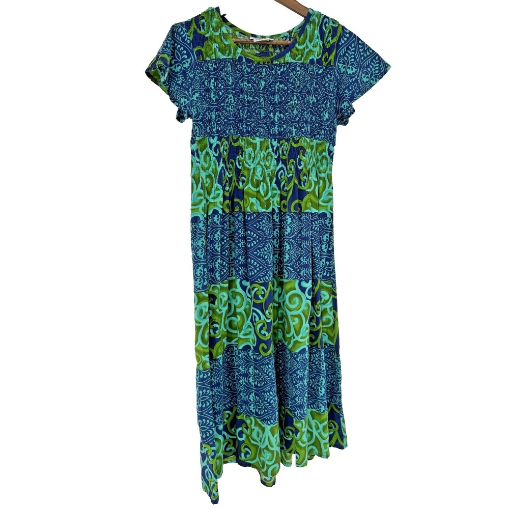 METROPOLITAN Sundress Exotic Smocked Artsy‎ Cotton beachy cover up indie VTG M